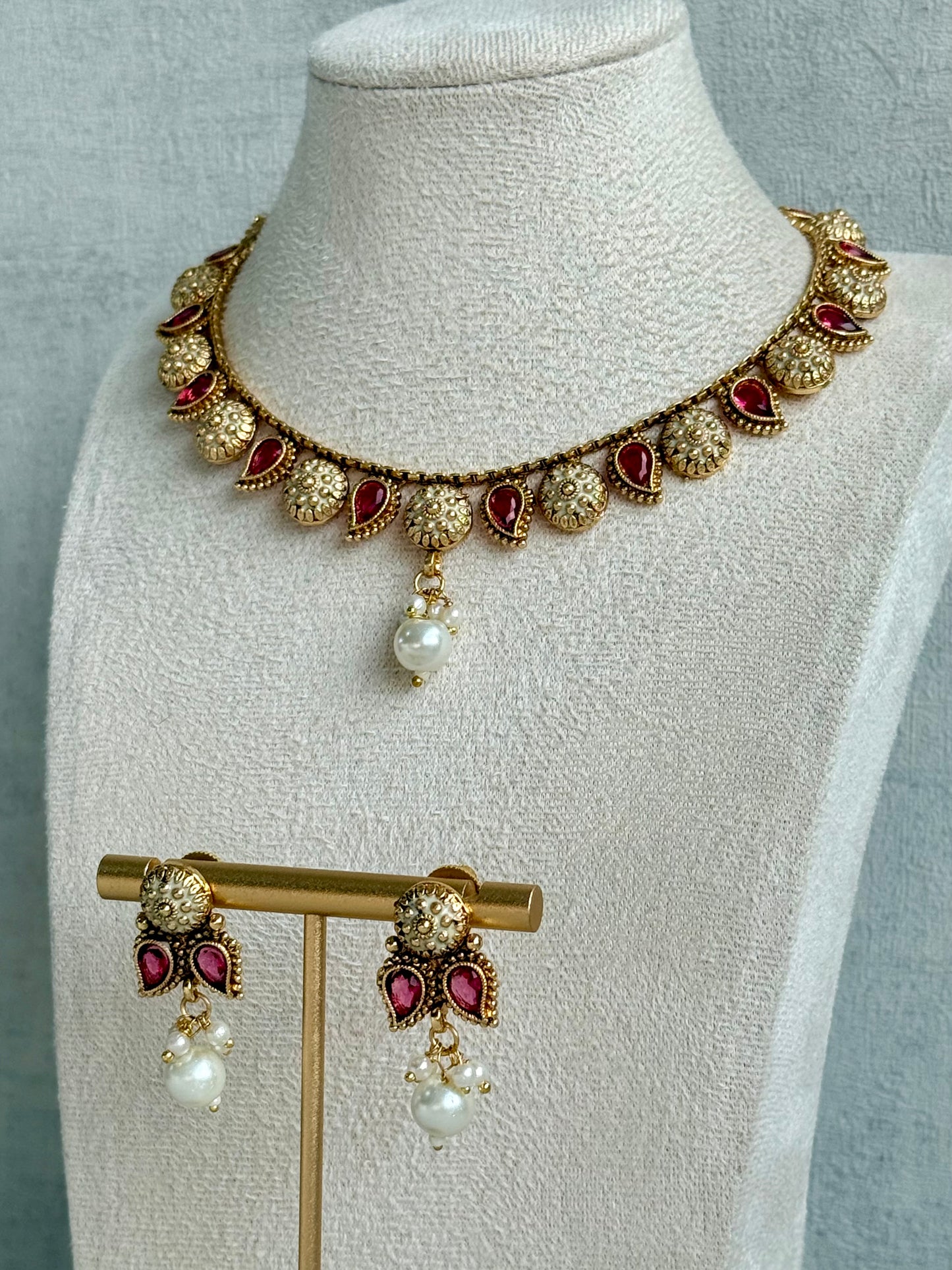 Ayura Designs Mayura Necklace Set with Earrings – Antique Gold Meenakari Motifs with Pearl Drop & Rani Pink Stones