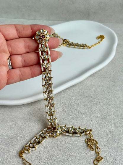 Ayura Designs Ruya Haathphool – Mirror-Cut Stones with Ruby Accents & Pearl Detailing