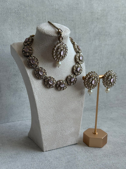 Ayura Designs Sania Set with Necklace, Earrings & Tikka – Blush Pink Stones, Kundan Detailing & Antique Gold Finish