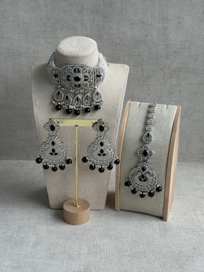 Ayura Designs Zarlish Set – Choker, Earrings & Tikka with Mirror-Cut Stones, Black & White Beads & Silver Finish