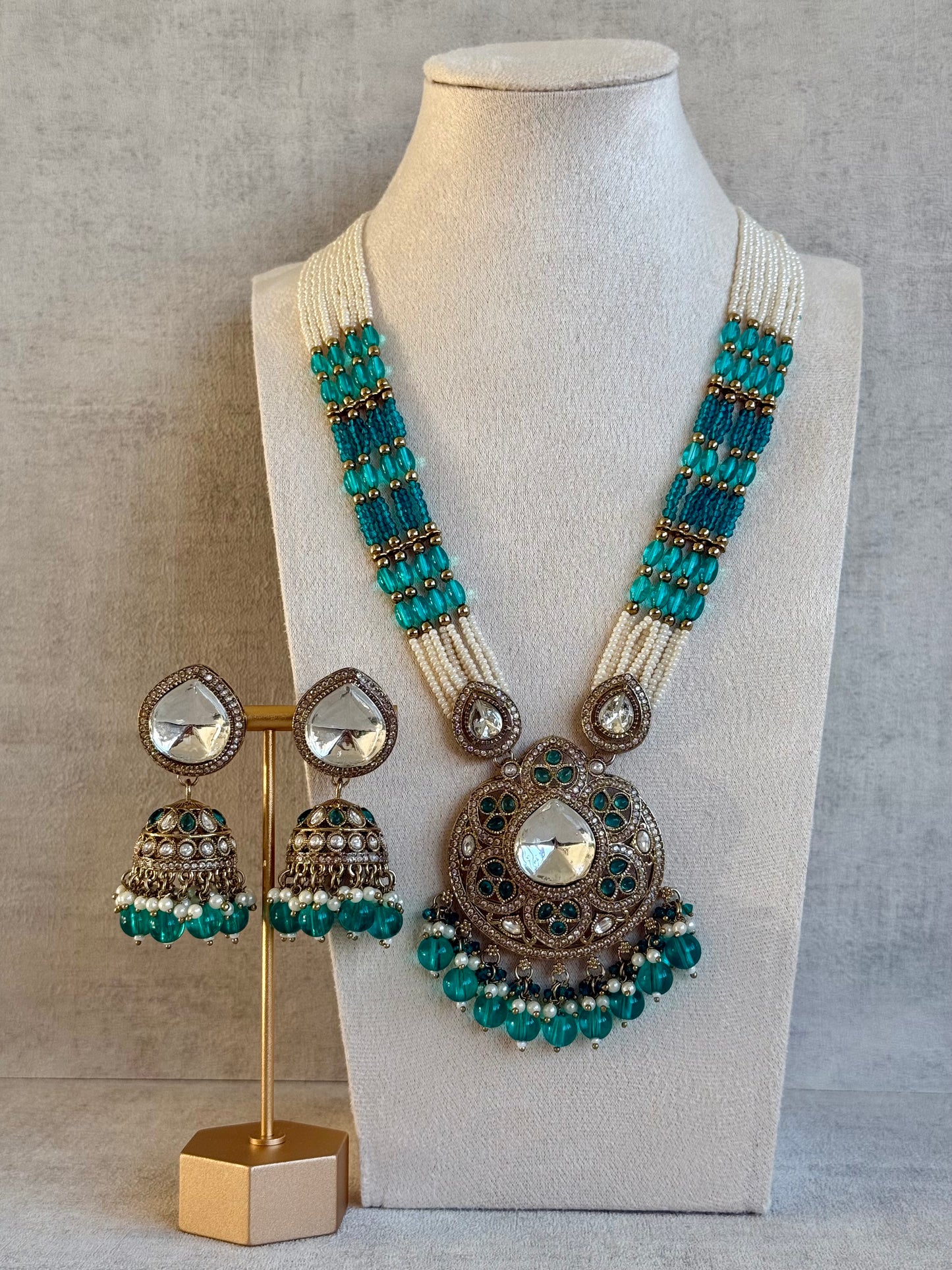Ayura Designs Brielle Set – Necklace & Jhumkis with Mirror-Cut Stones, Aqua & Deep Teal Beads