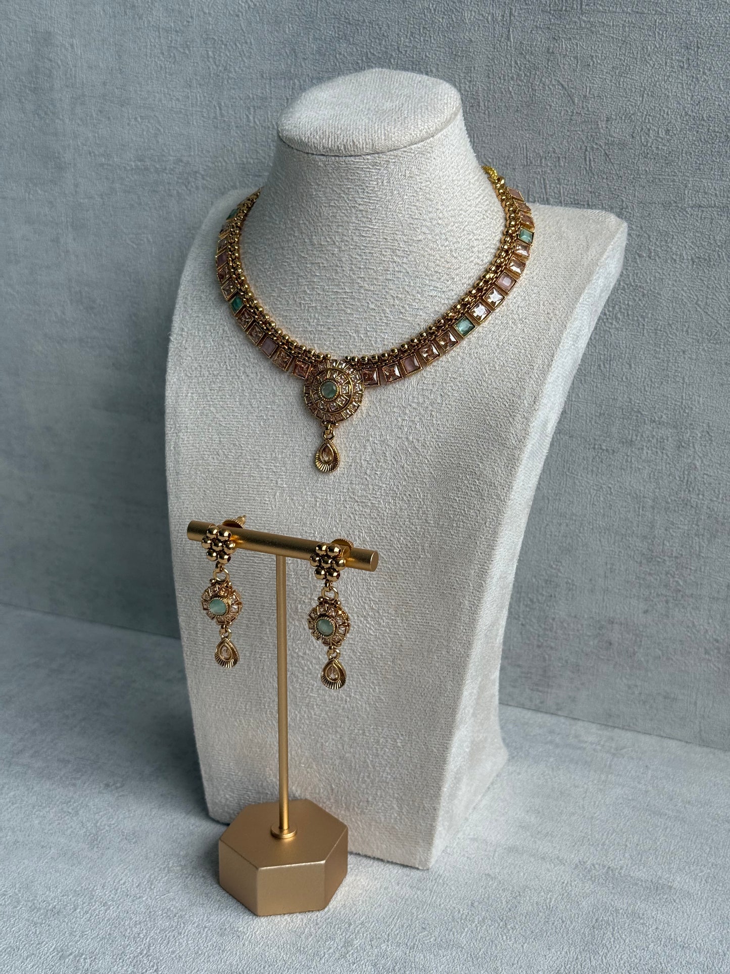 Ayura Designs Nithya Set – Gold Necklace & Earrings with Mint & Blush Stones and Mint Centre