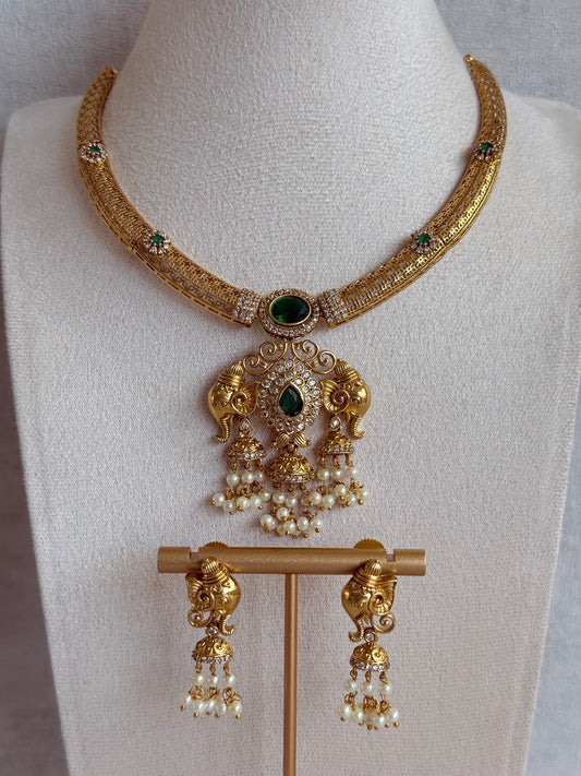 Ayura Designs Wadha Collar Necklace Set with Earrings – Gold Elephant Pendant & Emerald Green Stone Detailing
