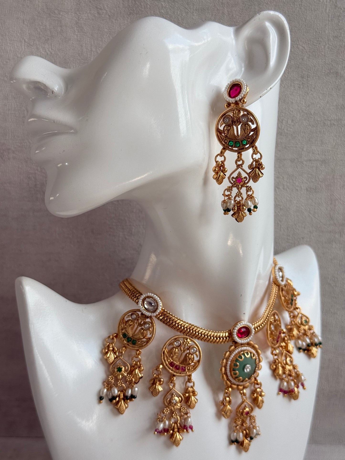 Ayura Designs Parchhai Necklace Set with Earrings – Mint Green, Ruby Red & Emerald Green Stones, Bird Motifs & Pearl Detailing