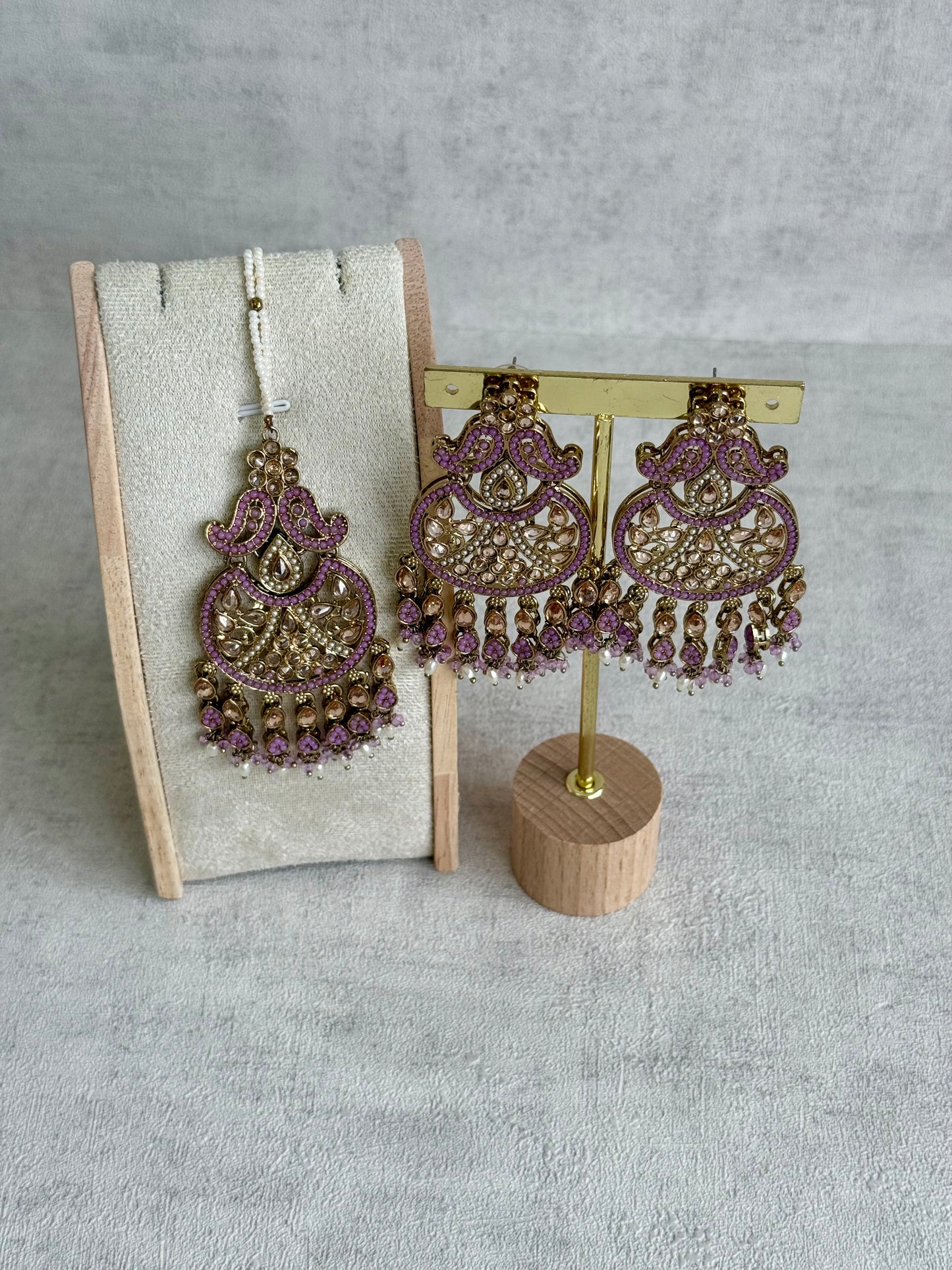 Ayura Designs Anvi Tikka Set with Earrings – Lilac with Champagne Stones & Pearl Drops