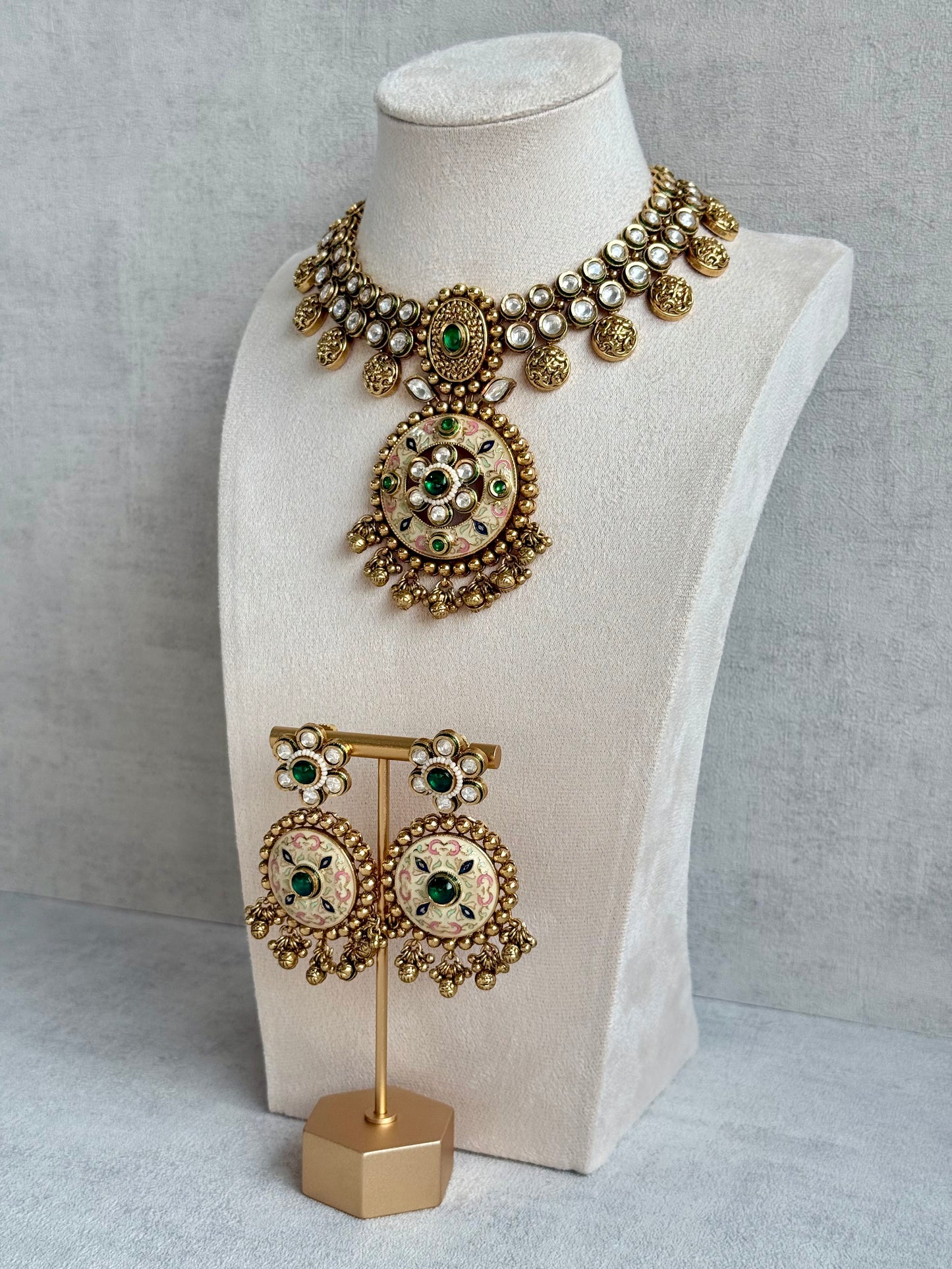 Ayura Designs Zayna Set with Necklace & Earrings – Ivory Meenakari with Emerald Green Stones