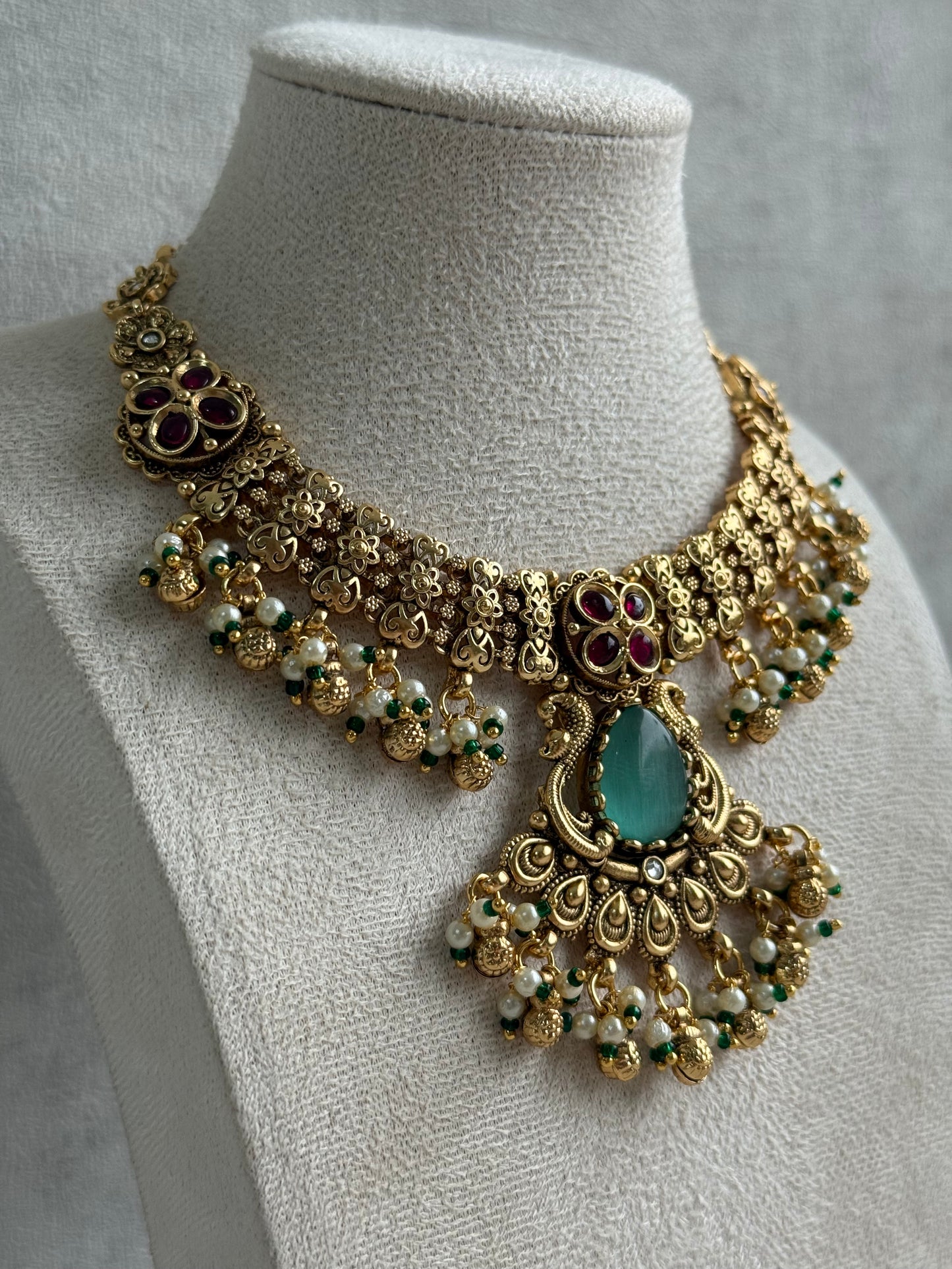 Ayura Designs Urvashi Set – Antique Gold Necklace & Jhumkis with Mint Green Stone, Ruby & Pearl Detailing