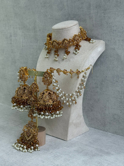Ayura Designs Noor Set – Choker, Jhumkis with Sahare & Tikka in Champagne Gold with Pearl Detailing