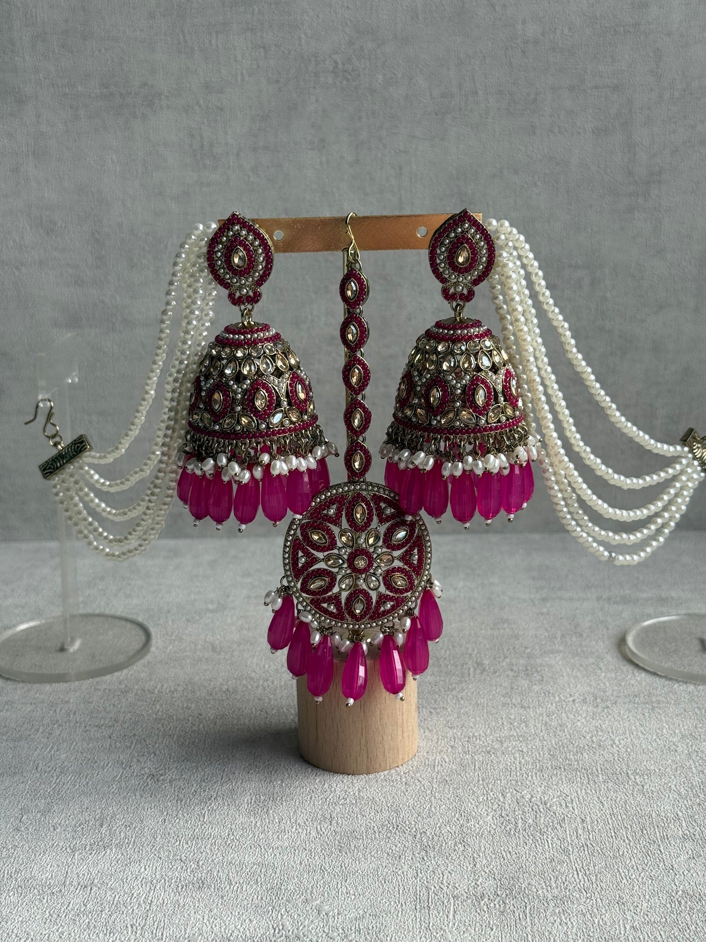 Ayura Designs Amrita Set – Jhumkis with Sahare & Tikka in Hot Pink Beads, Pearls and Antique Gold Finish