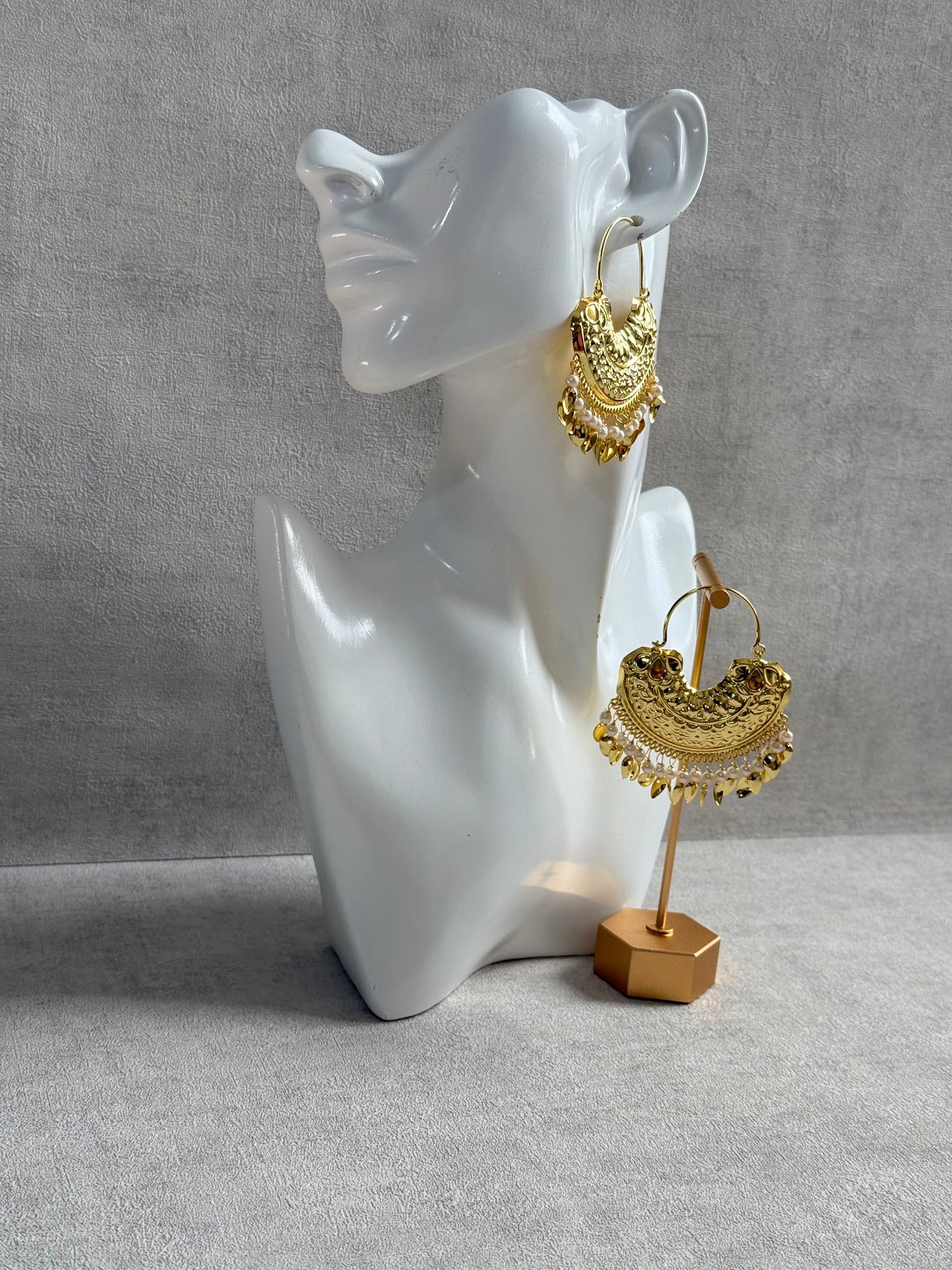 Ayura Designs Surkhab Balis – Pippal Patti Statement Earrings with Pearls & Gold Leaf Charms