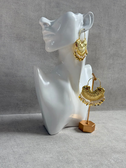 Ayura Designs Surkhab Balis – Pippal Patti Statement Earrings with Pearls & Gold Leaf Charms