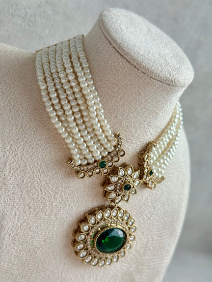 Ayura Designs Amaya Necklace Set with Studs – Antique Finish in Emerald Green Stones with Pearl Strands
