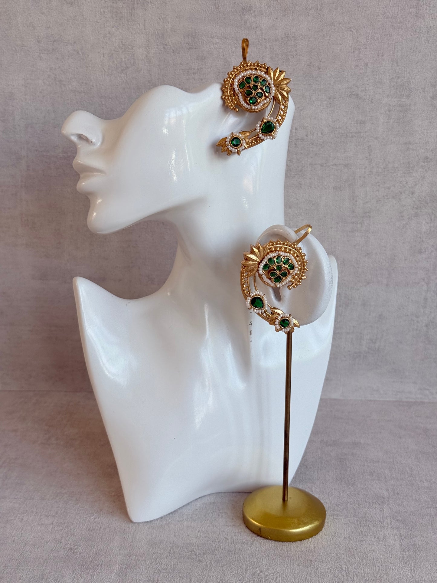 Ayura Designs Raatani Ear Climbers – Emerald Green Ear Climbers with Pearl Detailing & Floral Cutwork Design