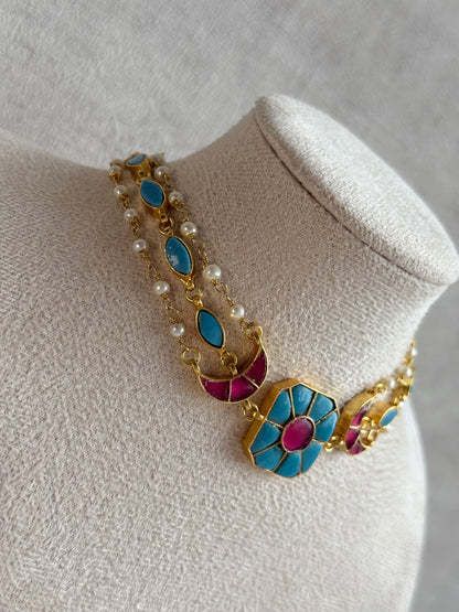 Ayura Designs Mahi Choker Set with Earrings – Meenakari Kundan Turquoise Blue & Hot Pink Detailing