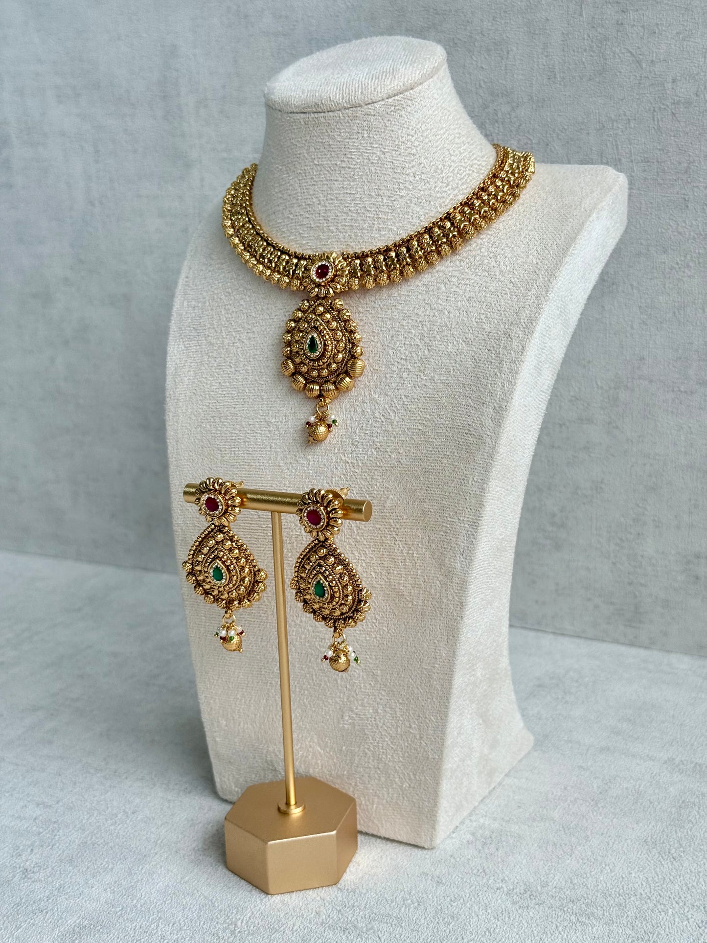 Ayura Designs Ayma Necklace Set with Earrings – Antique Gold Finish with Ruby Pink, Emerald Green & Crystal Detailing