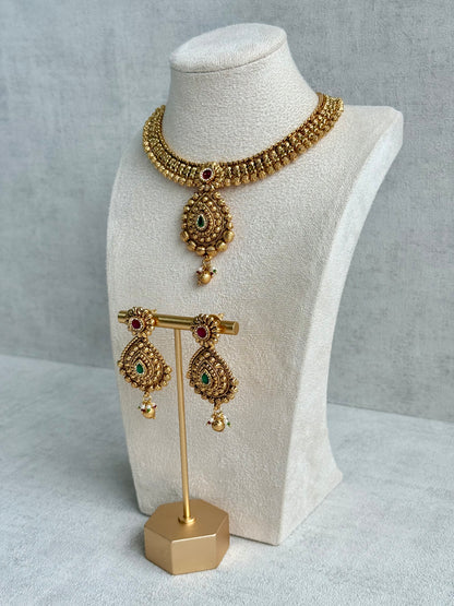 Ayura Designs Ayma Necklace Set with Earrings – Antique Gold Finish with Ruby Pink, Emerald Green & Crystal Detailing