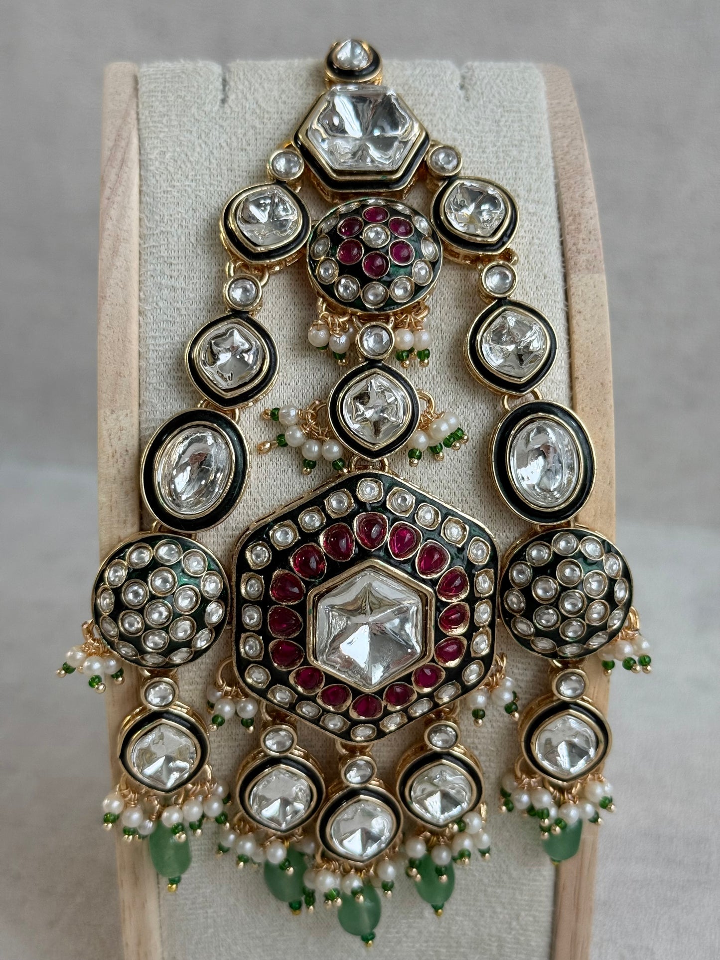 Ayura Designs Visha Jhoomar Passa – Polki Kundan with Ruby Pink Stones, Jade Green Drops & Pearl Detailing