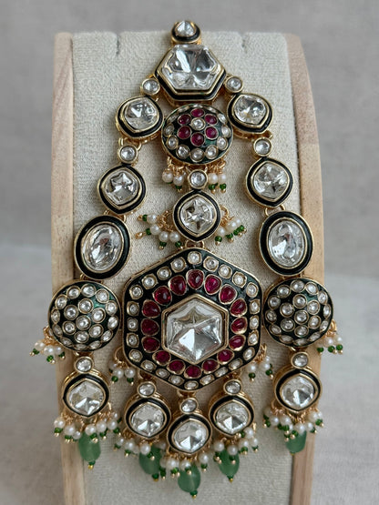 Ayura Designs Visha Jhoomar Passa – Polki Kundan with Ruby Pink Stones, Jade Green Drops & Pearl Detailing