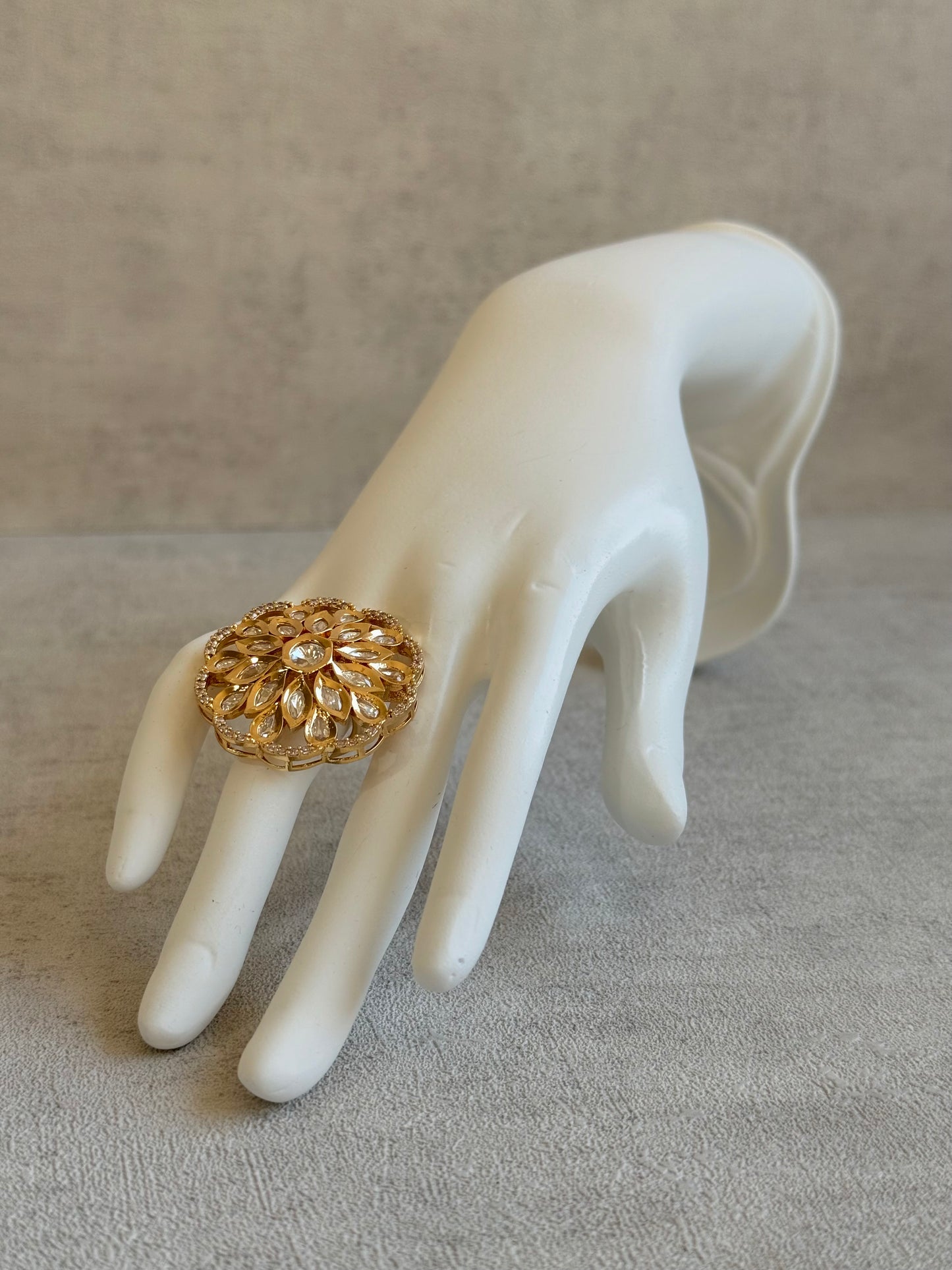 Ayura Designs Elisa Adjustable Ring – Moissanite Floral Ring with Clear Crystal Centre & Crystal Border