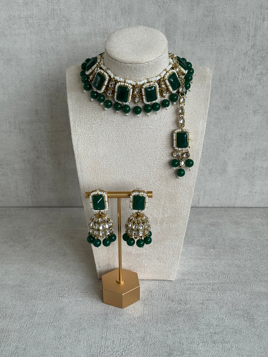 Ayura Designs Samaya Set with Jhumkis & Tikka – Emerald Green Stones, Kundan Detailing & Gold Finish