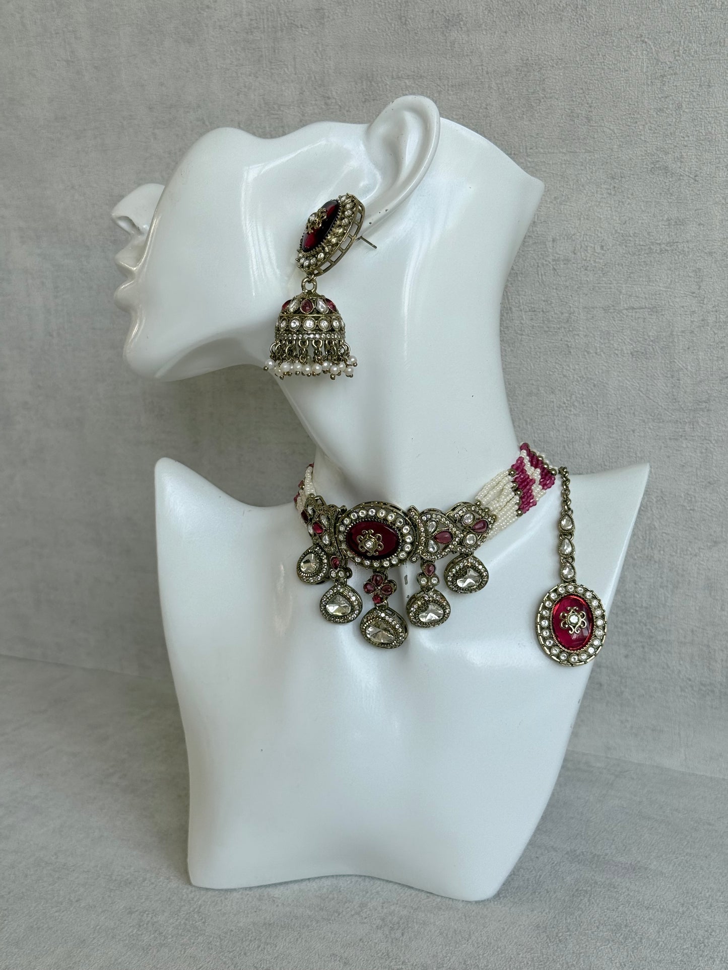 Ayura Designs Myra Choker Set with Earrings & Tikka – Ruby Pink Kundan & Pearl Detailing