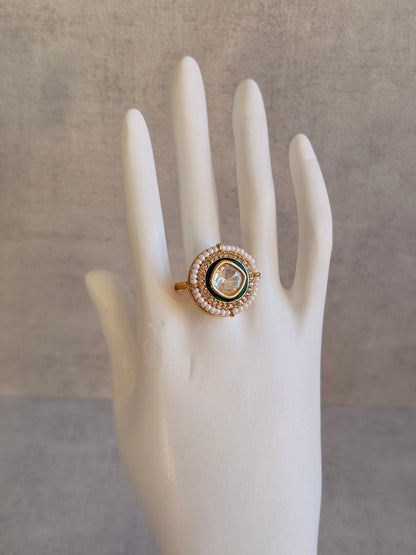 Ayura Designs Roselle Adjustable Ring – Moissanite Centre with Crystal Border & Ivory Pearls