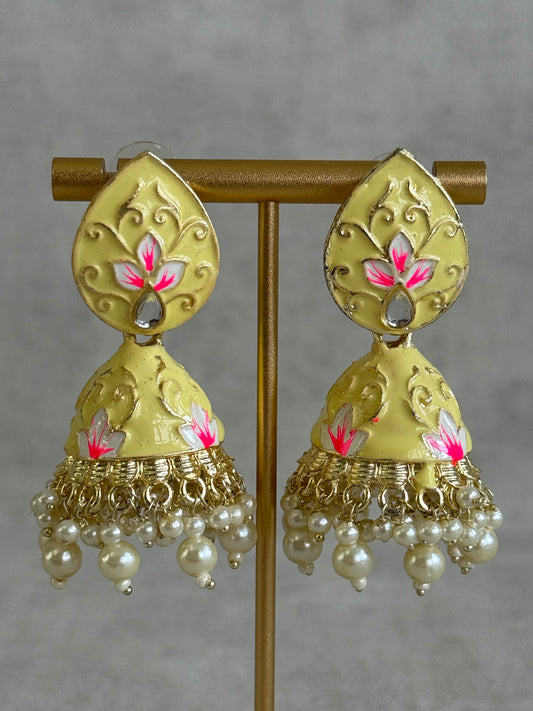 Ayura Designs Gia Jhumkis – Butter Yellow Meenakari with Pink Lotus Motifs & Ivory Pearl Drops