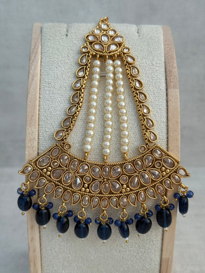 Ayura Designs Ramzi Jhoomar Passa – Antique Gold with Kundan Detailing, Pearl Strands & Ink Blue Drops