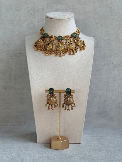 Ayura Designs Alera Set with Necklace & Earrings – Peacock Green and Rani Pink with Antique Gold Ghungroo Detailing