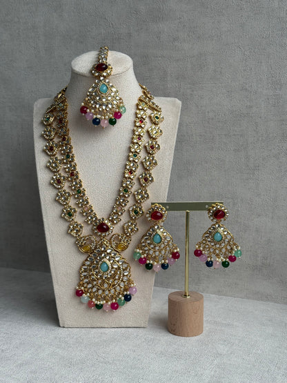 Ayura Designs Javeria Set with Earrings & Tikka – Multicolour Beads, Mirror Kundan & Gold Finish