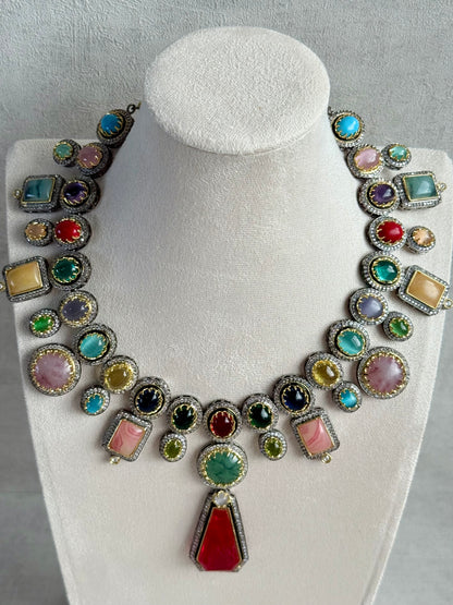 Ayura Designs Ophelia Set with Necklace & Earrings – Navratan Stone Detailing with Antique Silver Finish