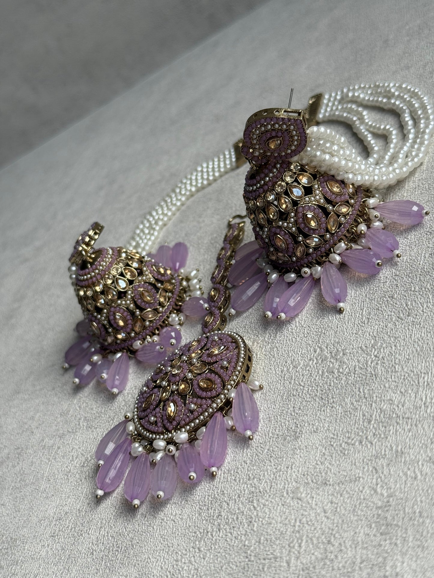 Ayura Designs Amrita Set – Jhumkis with Sahare & Tikka in Soft Lilac Beads, Pearls and Antique Gold Finish