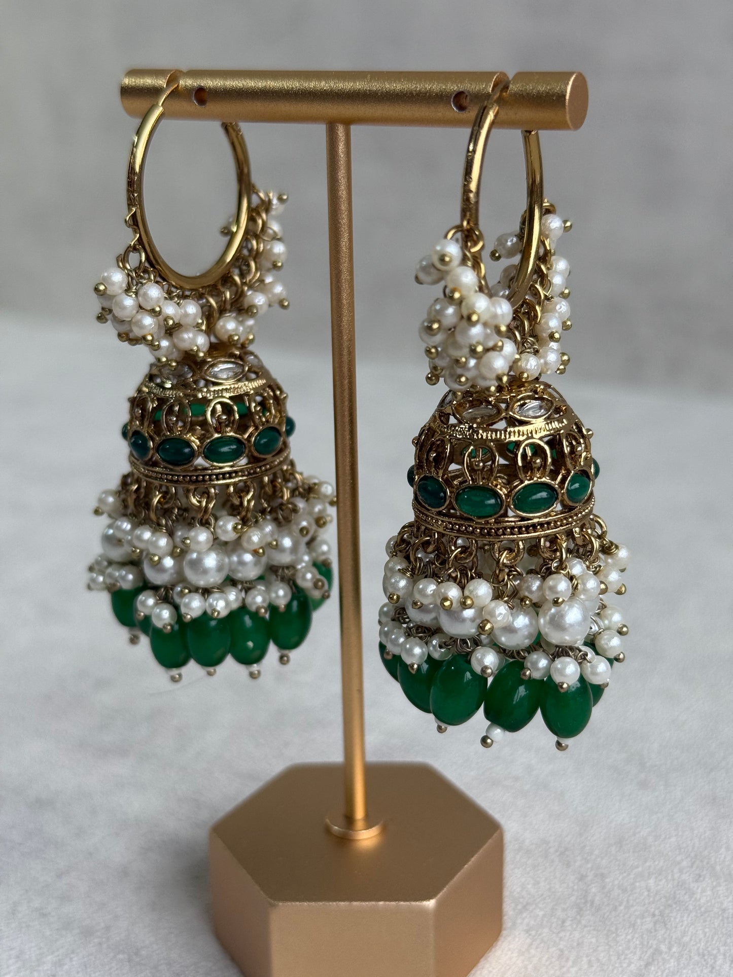 Ayura Designs Jugni Jhumkis – Antique Gold Balis with Emerald Beads & Pearl Clusters