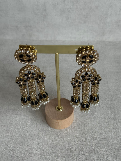 Ayura Designs Soraya Earrings – Black Stones, Champagne Crystals, Pearl Detailing & Gold Finish