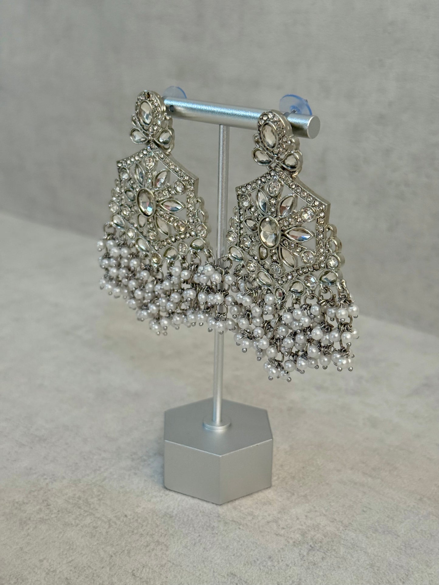 Ayura Designs Prija Earrings – Crystal Floral Chandeliers with Pearl Cluster Drops
