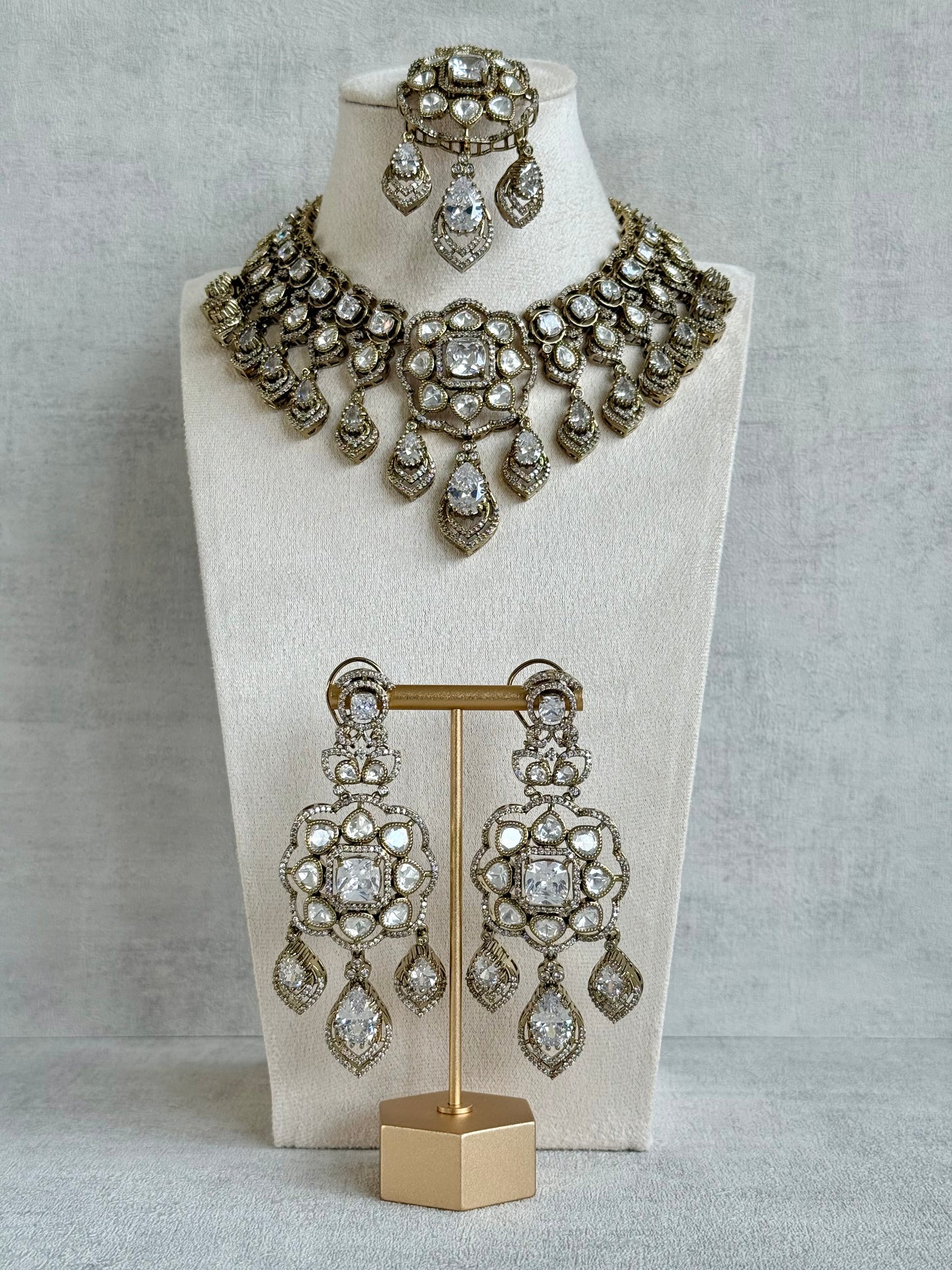 Ayura Designs Kiyah Bridal Set with Necklace, Earrings & Tikka – Moissanite Stones with Antique Gold Finish