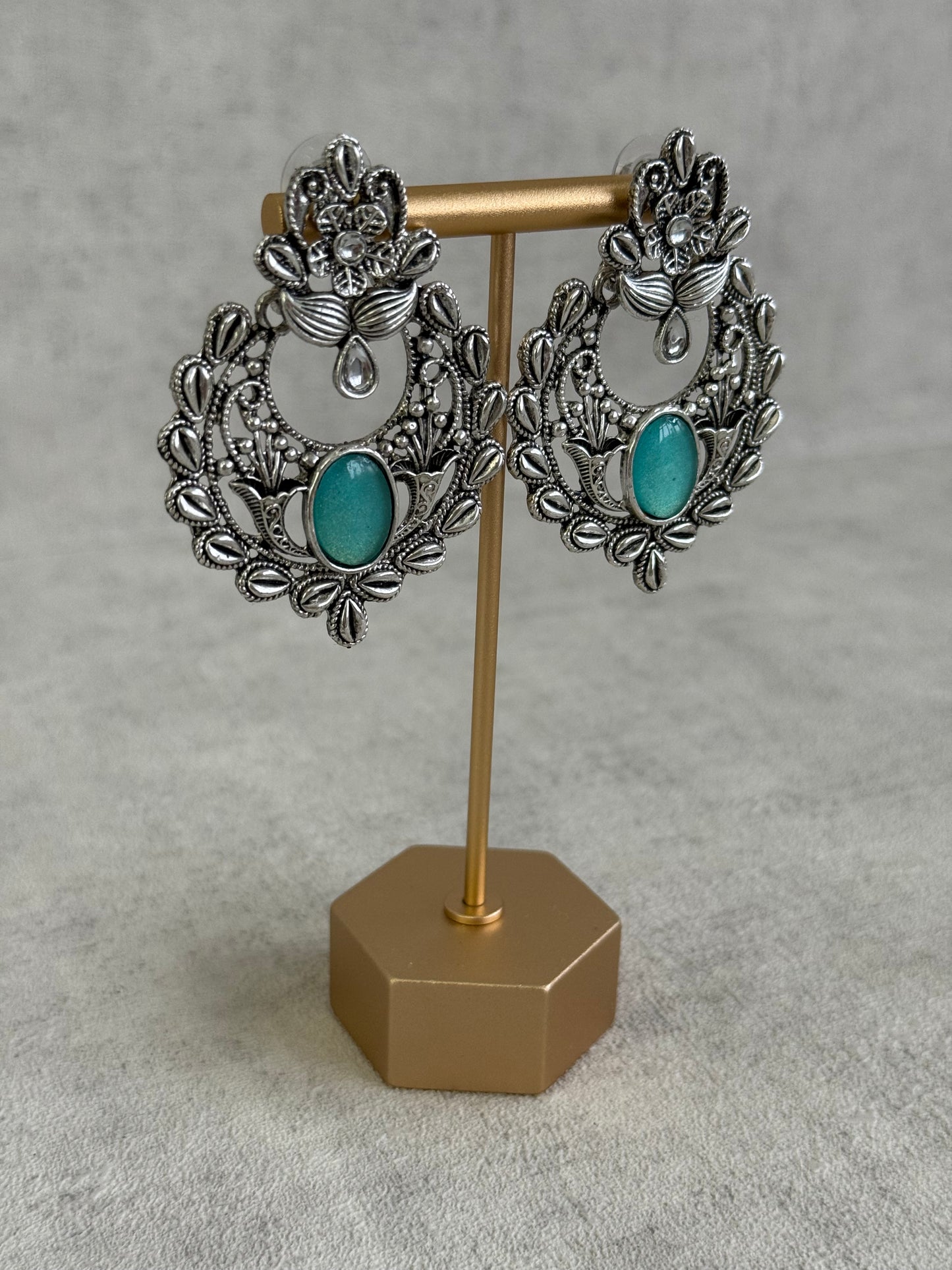 Ayura Designs Eila Earrings with Aqua Blue Stone in Antique Silver Finish