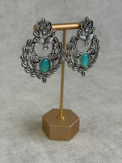 Ayura Designs Eila Earrings with Aqua Blue Stone in Antique Silver Finish