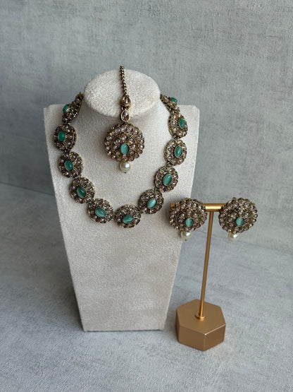Ayura Designs Sania Set with Necklace, Earrings & Tikka – Mint Oval Stones, Kundan Detailing & Antique Gold Finish