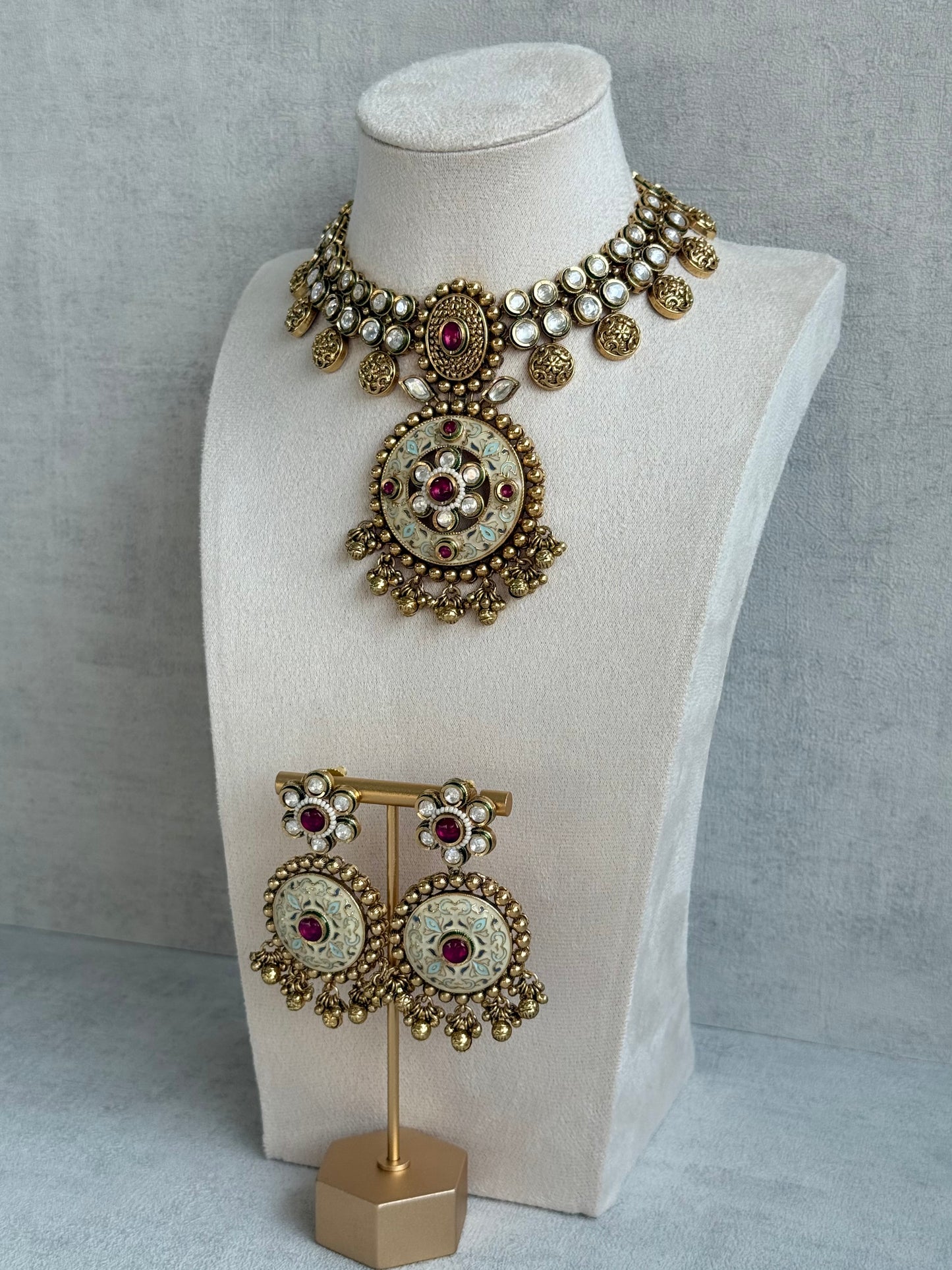 Ayura Designs Zayna Set with Necklace & Earrings – Ivory Meenakari with Rani Pink Stones