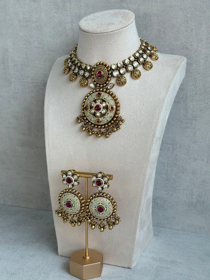 Ayura Designs Zayna Set with Necklace & Earrings – Ivory Meenakari with Rani Pink Stones