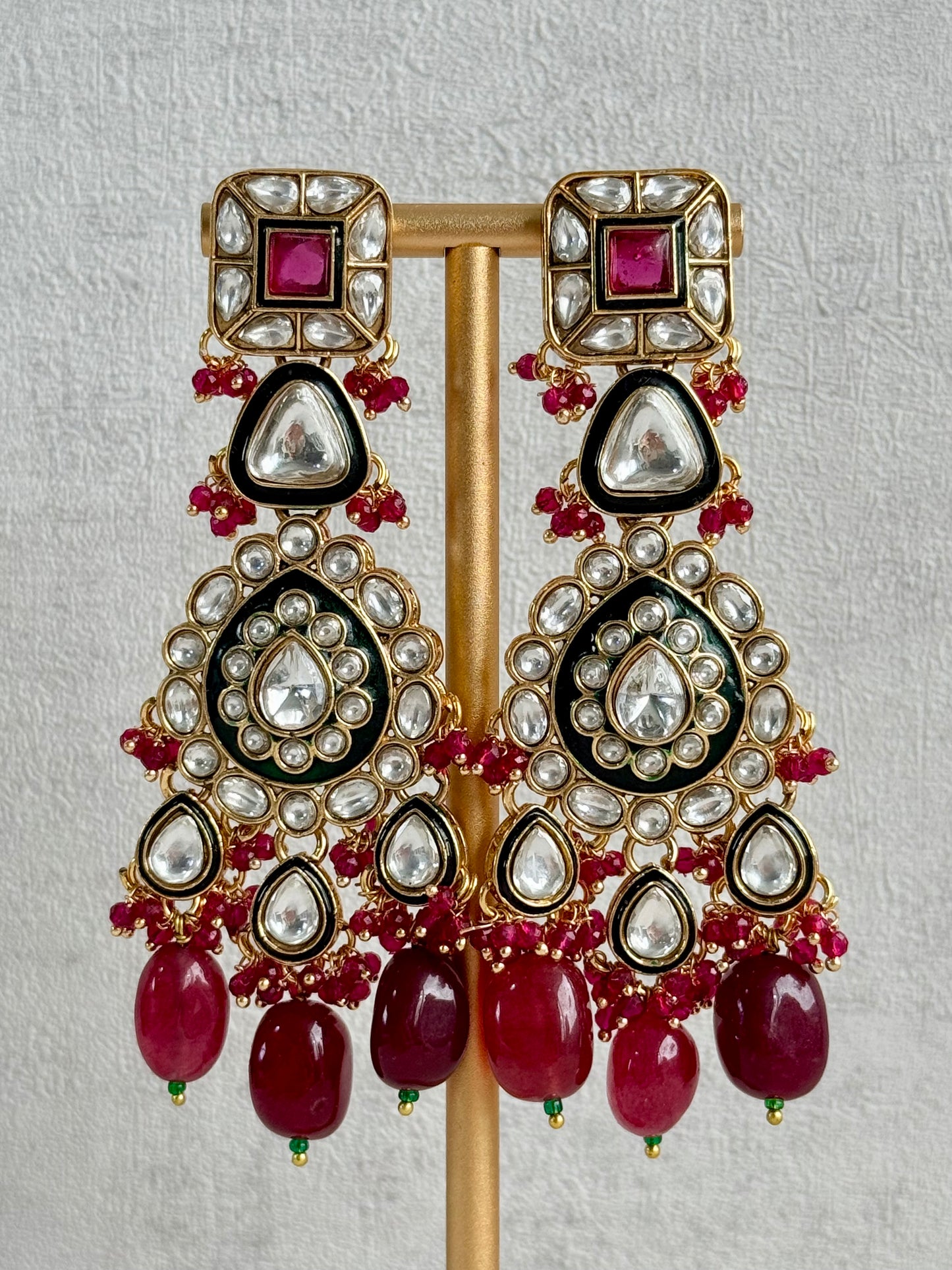 Ayura Designs Zahira Bridal Set with Necklace, Earrings & Tikka – Kundan Detailing with Green Enamel, Ruby Pink Stones & Maroon Bead Drops