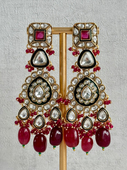 Ayura Designs Zahira Bridal Set with Necklace, Earrings & Tikka – Kundan Detailing with Green Enamel, Ruby Pink Stones & Maroon Bead Drops