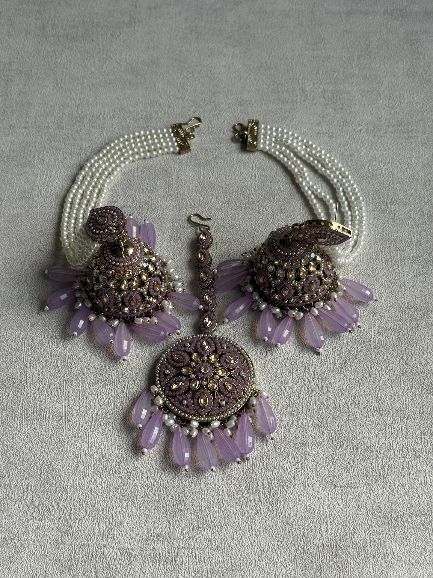 Ayura Designs Amrita Set – Jhumkis with Sahare & Tikka in Soft Lilac Beads, Pearls and Antique Gold Finish