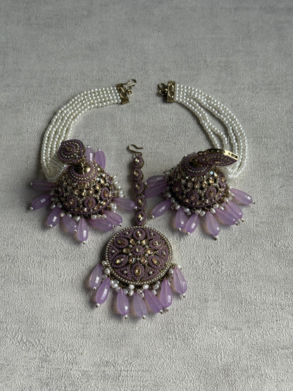 Ayura Designs Amrita Set – Jhumkis with Sahare & Tikka in Soft Lilac Beads, Pearls and Antique Gold Finish