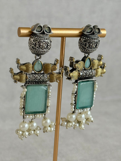 Ayura Designs Khaak Earrings – Oxidised Statement Earrings with Peacock Motifs, Aqua Green Stones & Pearl Clusters