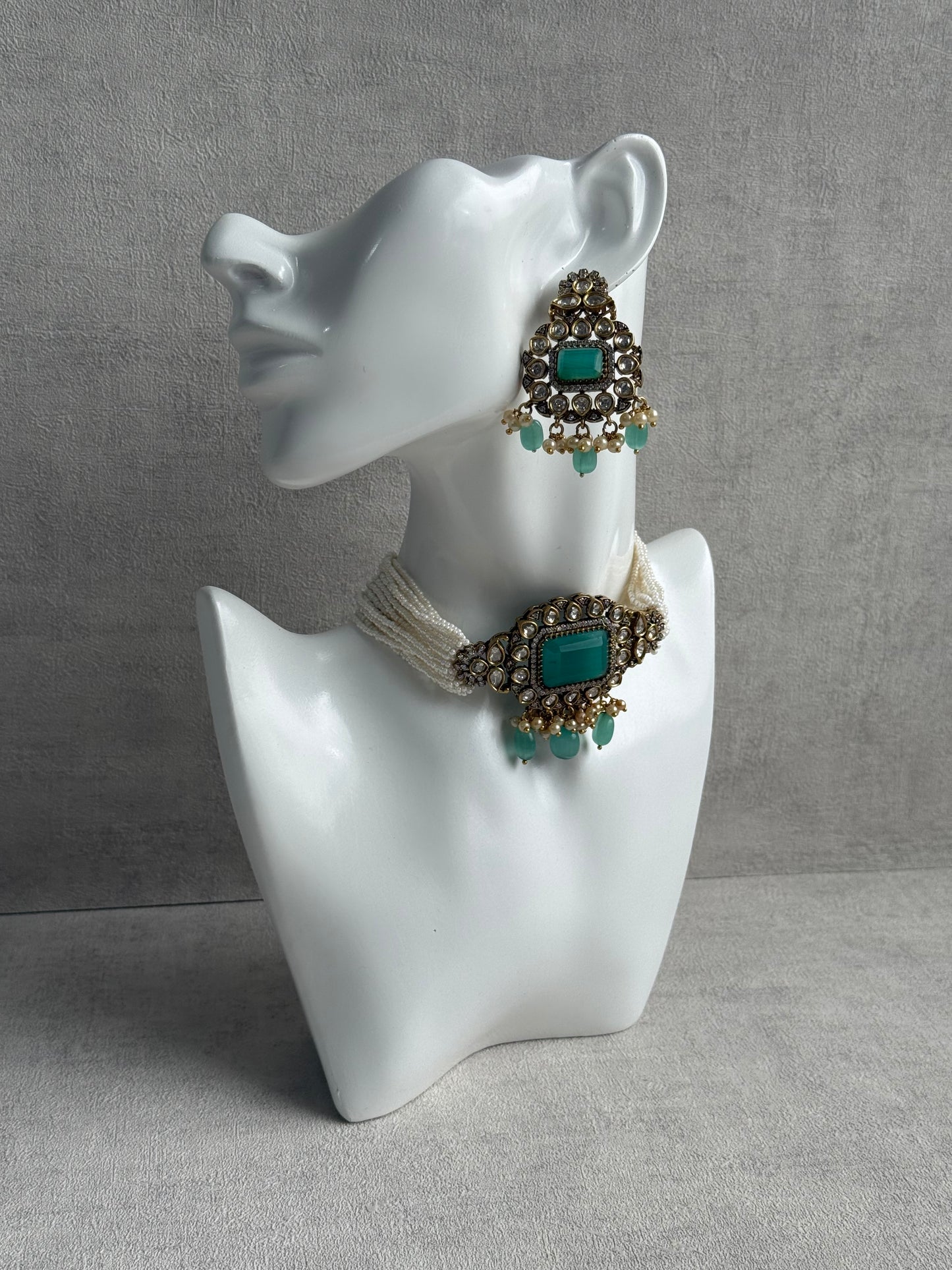 Ayura Designs Eva Choker Set with Earrings – Mirror-Cut Kundan, Pearl Strands & Mint-Green Stones in Antique Gold Finish