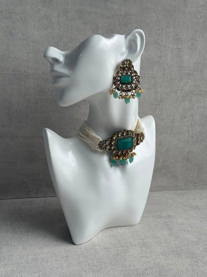 Ayura Designs Eva Choker Set with Earrings – Mirror-Cut Kundan, Pearl Strands & Mint-Green Stones in Antique Gold Finish