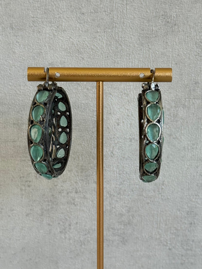 Ayura Designs Nureh Earrings – Dual Tone Floral Hoop Earrings with Mint Green Stones & Cutwork Detailing