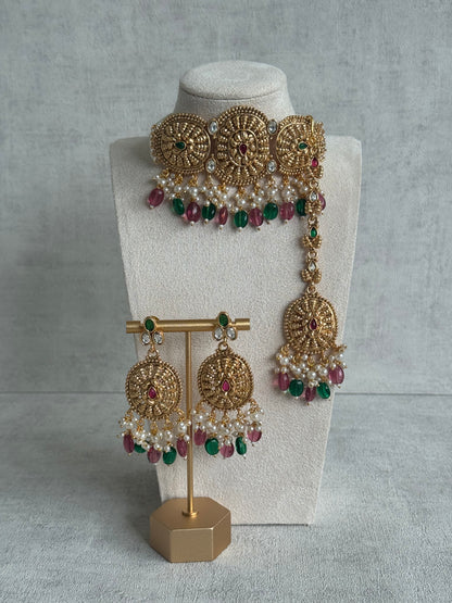 Ayura Designs Tanveer Choker Set with Earrings & Tikka – Antique Gold with Mirror-Cut Stones, Ruby & Emerald Beads